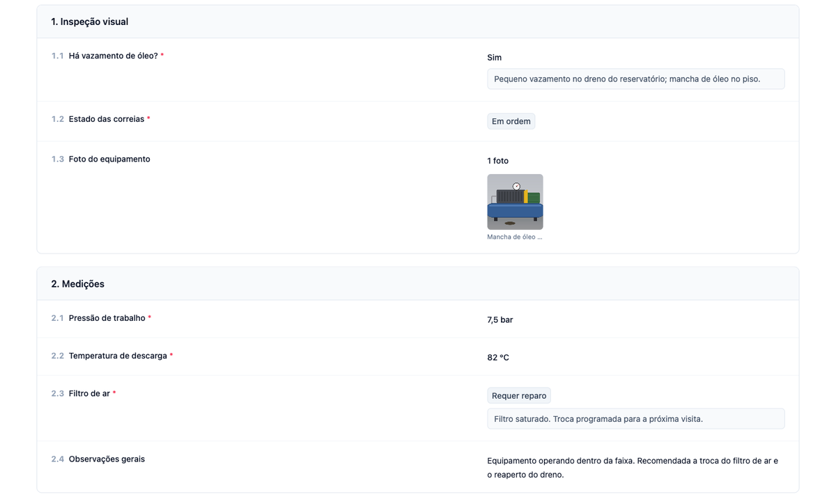Checklist de inspeção de um compressor no Bento Inspeção, com respostas, foto e comentários