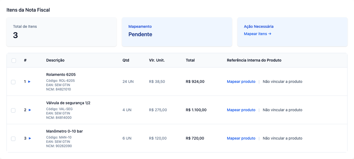 Itens de uma nota fiscal no Bento ERP, prontos para ligar ao produto do catálogo